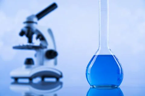 Microscope, Laboratory beakers,Science experiment Stock Photos