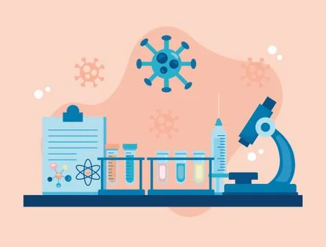 Microscope laboratory tool with checklist and covid19 particles vaccine research Stock Illustration