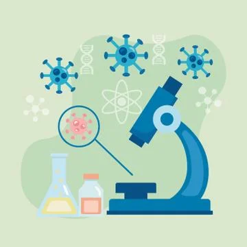 Microscope laboratory tool with covid19 particles vaccine research Stockillustratie