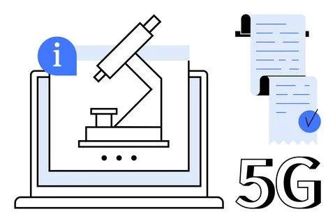 Microscope on Laptop Screen with 5G Concept and Information Icon Stock Illustration