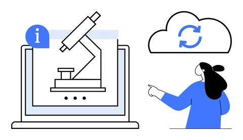 Microscope on Laptop Screen with Cloud Sync and Informative Icon Stock Illustration