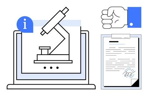 Microscope on Laptop Screen, Document with Signature, and Hand Gesture for Illustrazione stock
