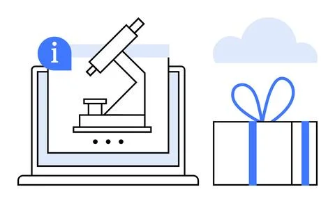 Microscope on laptop screen with info icon, gift box with blue ribbon, and cl Stock Illustration