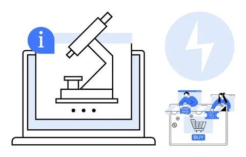 Microscope on Laptop Screen with Info Symbol and Online Shopping Cart Element Illustrazione stock