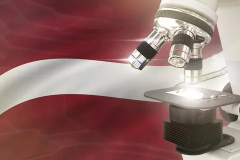 Microscope on Latvia flag background - science development concept Stock Illustration