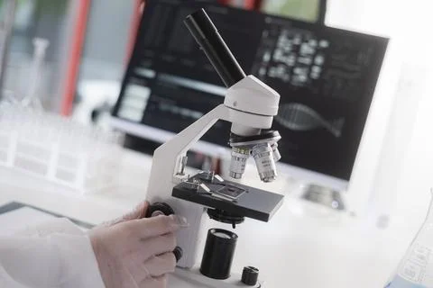 A microscope in a medical research lab. 写真素材