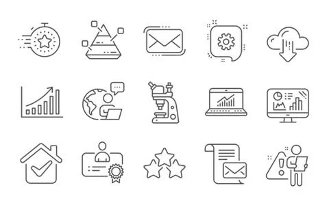 Microscope, Messenger mail and Ranking stars icons set. Analytics graph, Timer Illustrazione stock
