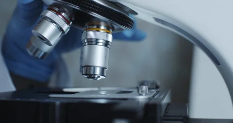 Microscope with metal lens at laboratory. Stock Footage 96104625