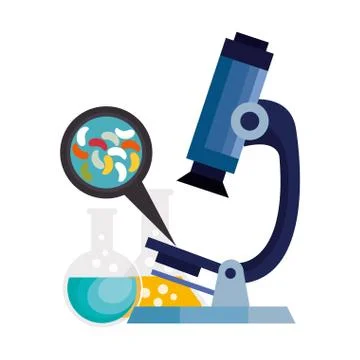 Microscope with microorganisms and tubes test 스톡 일러스트