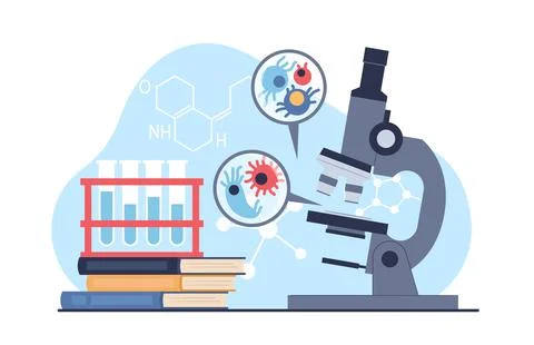 Microscope with microorganisms. Scientists magnifier equipment for laboratory Stock Illustration