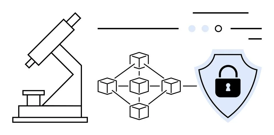 Microscope, network of connected cubes, and shield with padlock. Ideal for sc Illustrazione stock