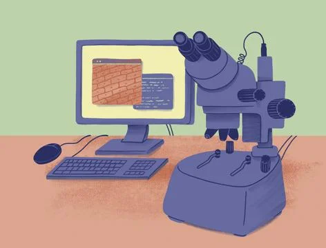 Microscope next to computer with scientific information on open windows Stockillustratie