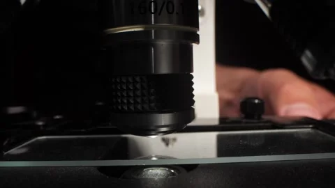 Microscope objective lens focusing on glass slide, exploring microscopic world Stock Footage 316481078