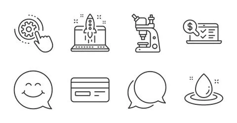 Microscope, Online accounting and Chat message icons set. Smile face, Fuel Stock Illustration