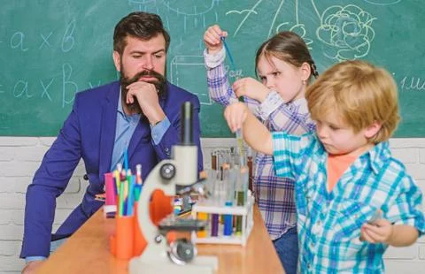 Microscope optical instrument at science classroom. back to school. happy Stock Photos