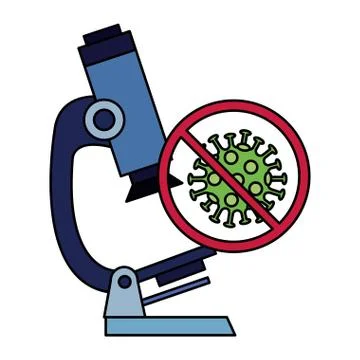 Microscope with particle covid 19 in forbidden sign Stock Illustration