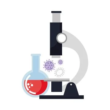 Microscope with particles of covid 19 and tube test Illustrazione stock