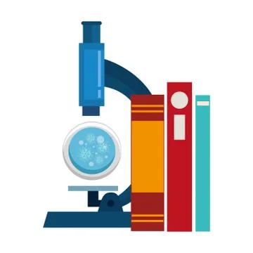 Microscope with particles covid 19 and books Stock Illustration