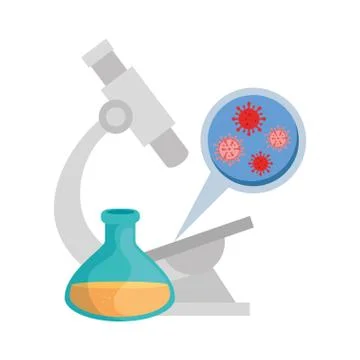 Microscope with particles of covid 19 and tube test 스톡 일러스트