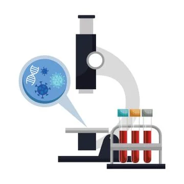 Microscope with particles of covid 19 and tubes test Illustrazione stock