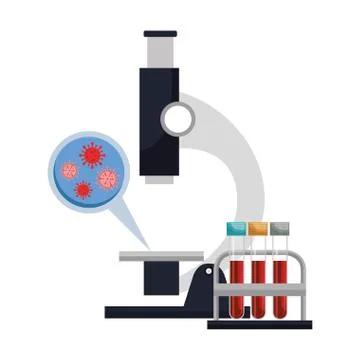 Microscope with particles of covid 19 and tubes test Stock Illustration