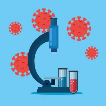Microscope with particles of covid 19 and tubes test Stockillustratie