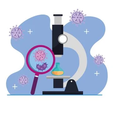 Microscope with particles of covid 19 in magnifying glass and tube test Stockillustratie