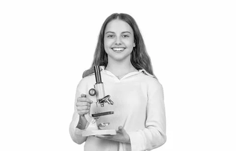 Microscope research. Science lab. School biology girl hold microscope. Student Fotos de archivo