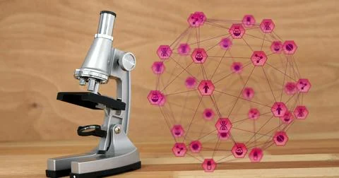 Microscope resting on wooden table, digital icons floating nearby Illustrazione stock