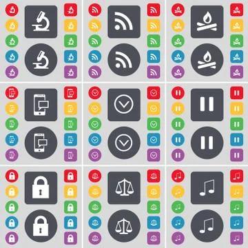Microscope, RSS, Campfire, SMS, Arrow down, Pause, Lock, Scales, Note icon symbo 스톡 일러스트