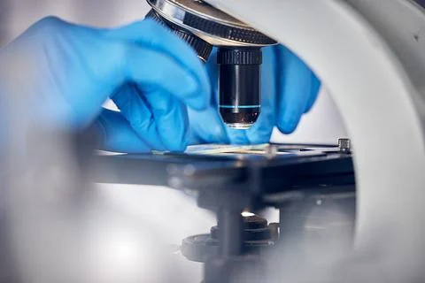 Microscope, science and scientist hands, analysis of data or DNA sample Foto stock