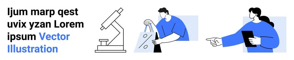 Microscope, scientist working with test tubes, and another examining data on  Stock Illustration