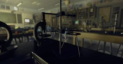 Microscope setup in a dimly lit classroom for science experiments Stock Illustration