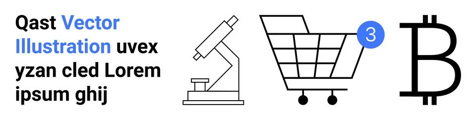 Microscope, shopping cart with notification bubble, and cryptocurrency symbol Stock Illustration