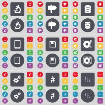 Microscope, Signpost, Database, Tablet PC, Floppy, Gramophone, Gear, Hashtag, Pu Stock Illustration