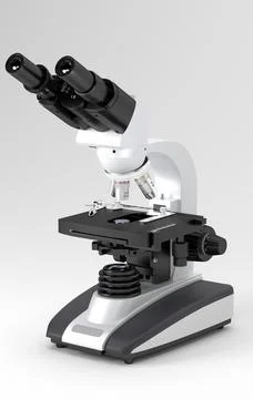 Microscope sits on laboratory table ready for use to examine small samples an Stock Illustration