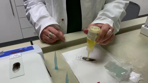 Microscope slide being prepped by female scientist Stock Footage 315761480