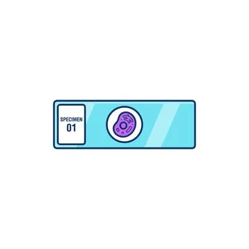 Microscope slide with a purple cell specimen, labeled 'SPECIMEN 01'. Isolated Stock Illustration