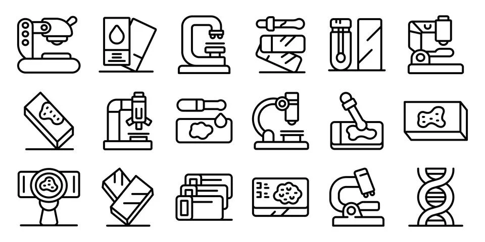 Microscope slides icons set. Exploring laboratory equipment icons for scien.. Stock Illustration