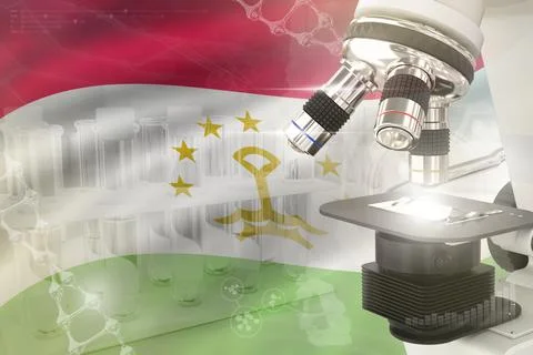 Microscope on Tajikistan flag - science development digital background Stock Illustration