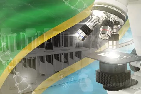 Microscope on Tanzania flag - science development digital background Illustrazione stock
