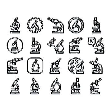 Microscope tools and scientific investigation icons set Stock Illustration