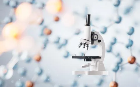 Microscope with transparent molecules background, 3d rendering. Stock Illustration