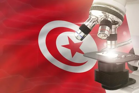 Microscope on Tunisia flag background - science development concept Stock Illustration