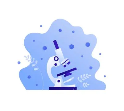 Microscope, virus and leaf sign on blue liquid shape isolated on white Stock Illustration