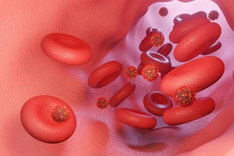 Microscope virus attack blood close up concept art . Virus attacking red bloo Stock Illustration