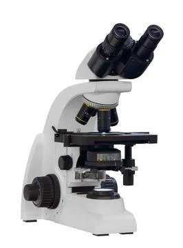 A microscope with a white base and black and yellow lenses. The microscope is Stock Photos