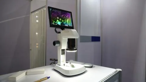 Microscopes and digital imaging systems analyzing samples in laboratory. Фото
