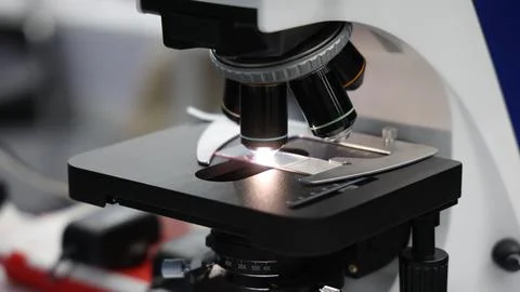 Microscopes and digital imaging systems analyzing samples in laboratory. Fotos de archivo