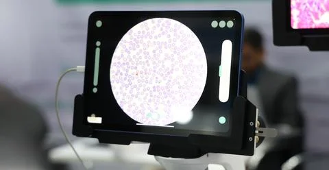 Microscopes and digital imaging systems analyzing samples in laboratory. Stock Photos
